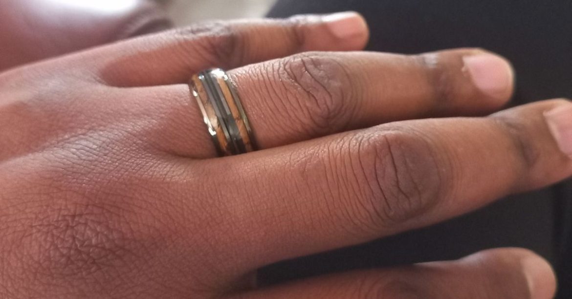 Man wearing custom made tungsten ring